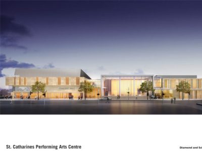 PAC: north facade on St. Paul street, Concert Hall, Theatre/Dance, Recital Hall
