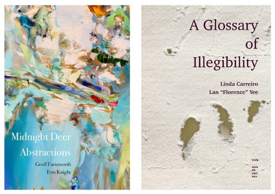 Covers of two books: Midnight Deer Abstractions, blue, green and white brushstrokes; A Glossary of Illegibility, torn handmade white paper.