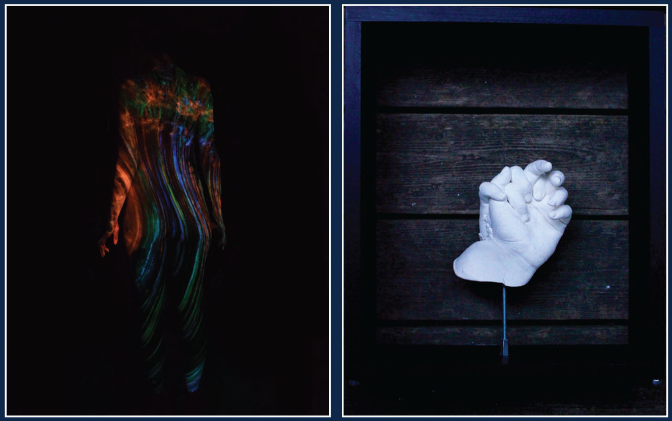 Silent Areas Exhibit abstract artwork on left and sculpture of casted entwined hands in plaster
