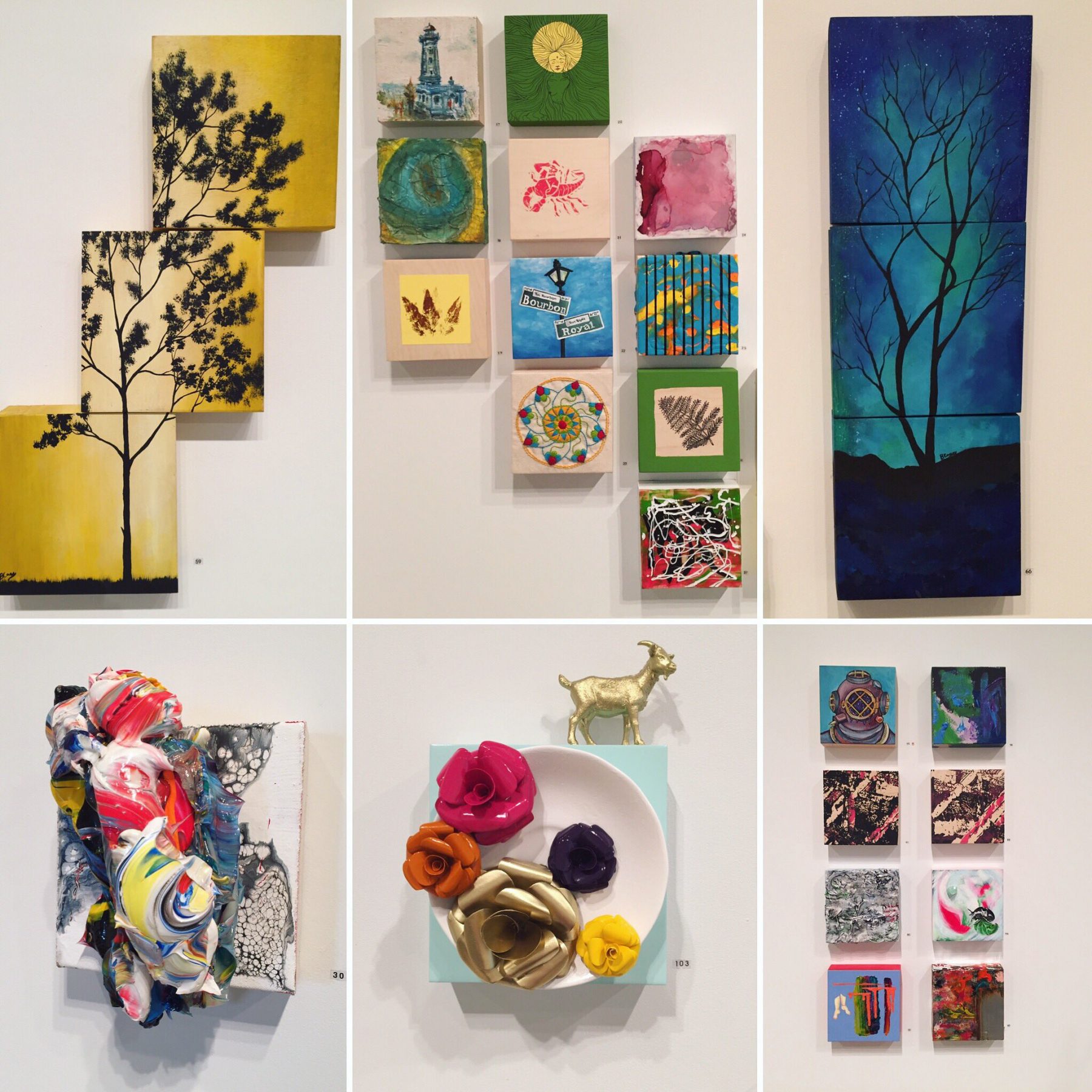 6 panes of abstract artwork a tree on yellow, various small prints, a tree on blue background, abstract paint sculpture, coloured flowers on plate with a golden goat, and 8 various small artworks