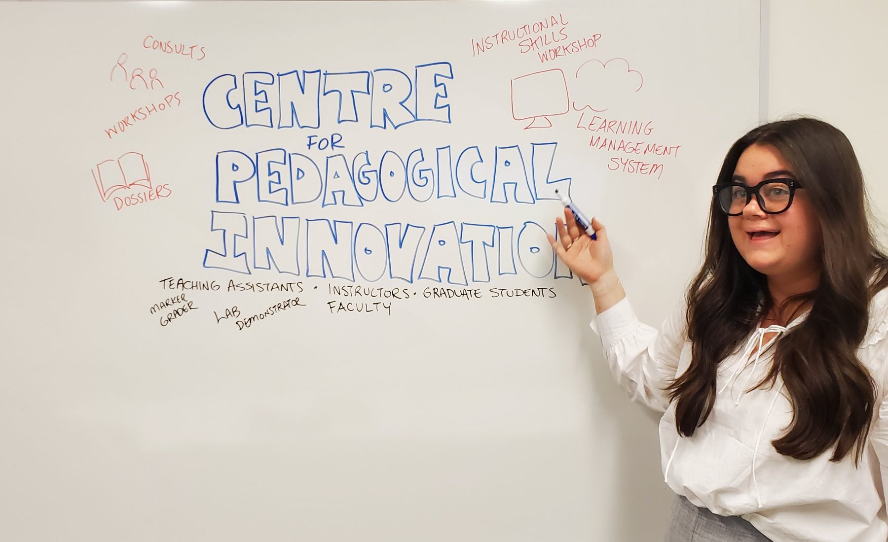 Melanie at a whiteboard that says Centre for Pedagogical Innovation 