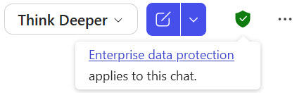 An image showing the top-right corner of the Copilot web interface. In the center is a blue button with a "new chat" icon, paired with a smaller dropdown arrow. To the right is a green shield icon with a white checkmark, which has a tooltip below it that reads "Enterprise data protection applies to this chat."