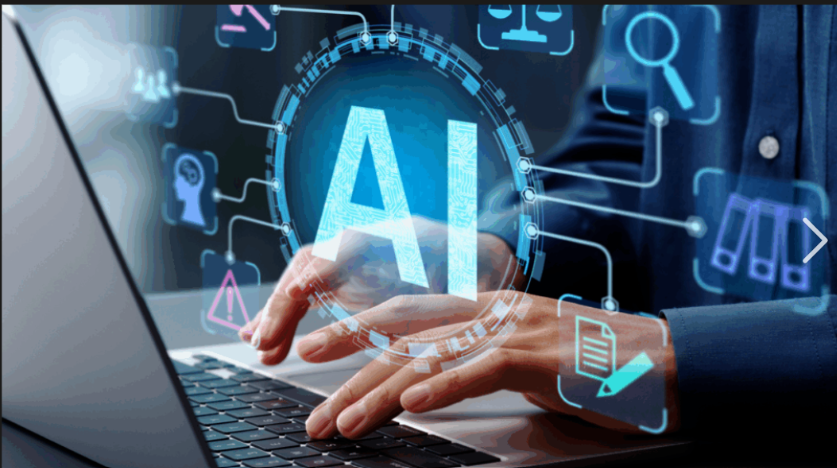 Hands typing with AI graphics 