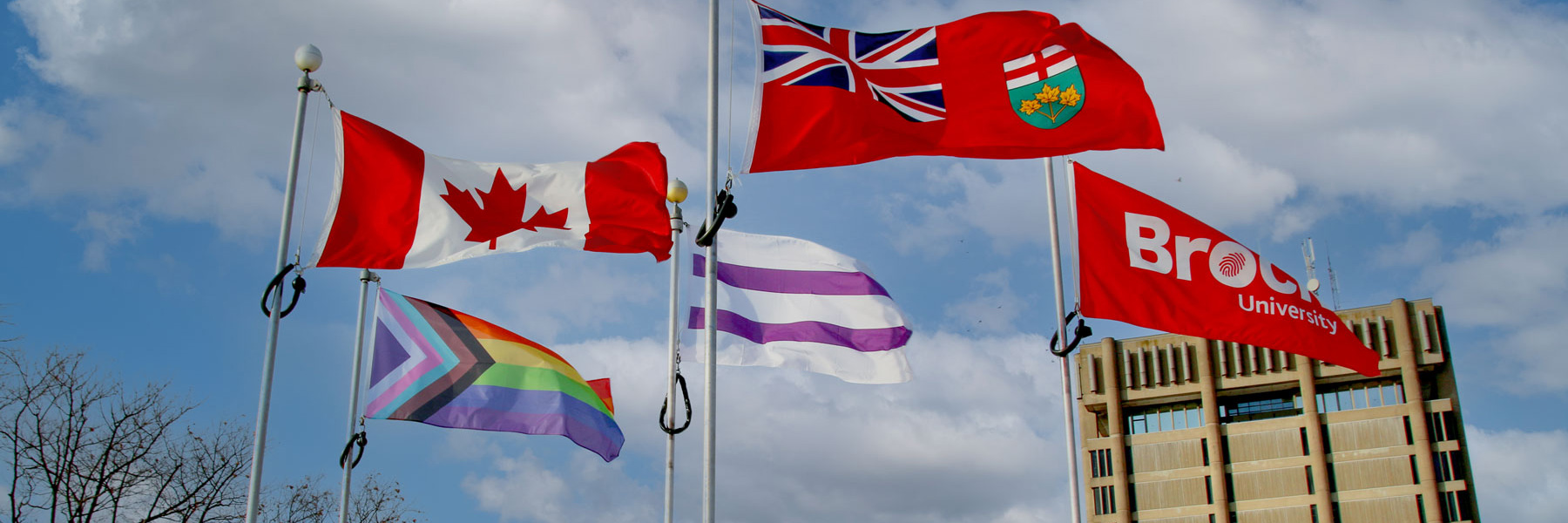 The Brock University flags, with the Schmon tower in the background