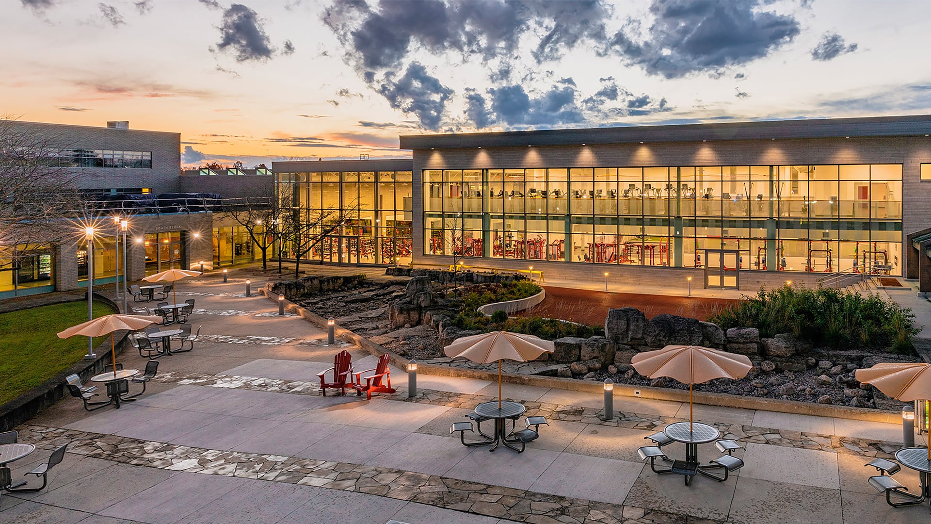 Brock University the Zone fitness centre exterior at sunset 