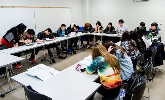A class of international students working on school work