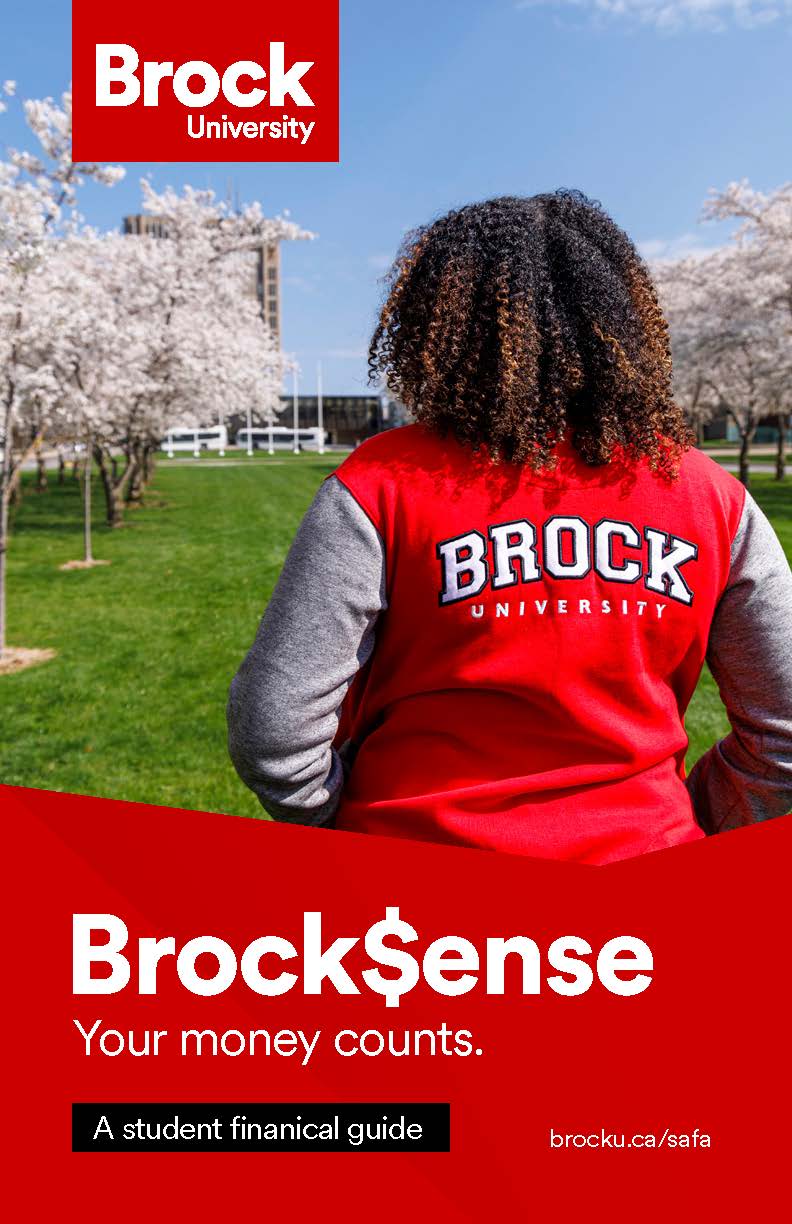Cover of the Brock$ense student financial guide showing a student standing among the blossoming cherry trees in front of Schmon Tower