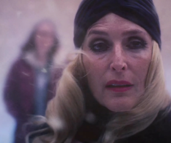 A close up of actor Gillian Anderson, with somebehind her out of focus in the snow.