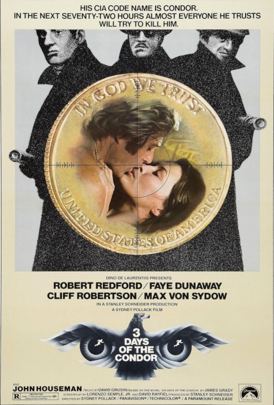 Poster for the film 3 Days of the Condor features the leads kising, men in trenchcoats and eyes in a bird's wings