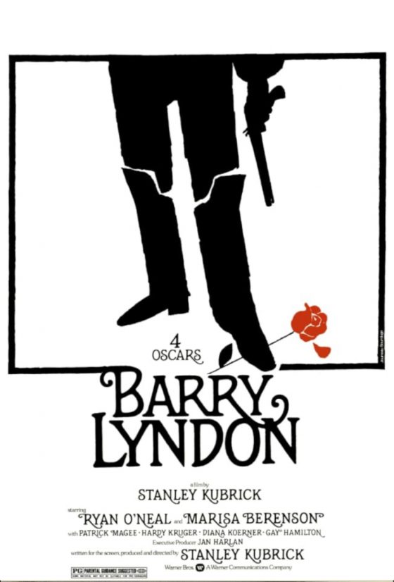 Poster for the film Barry Lyndon. sihlouette holding a gun steps on a rose