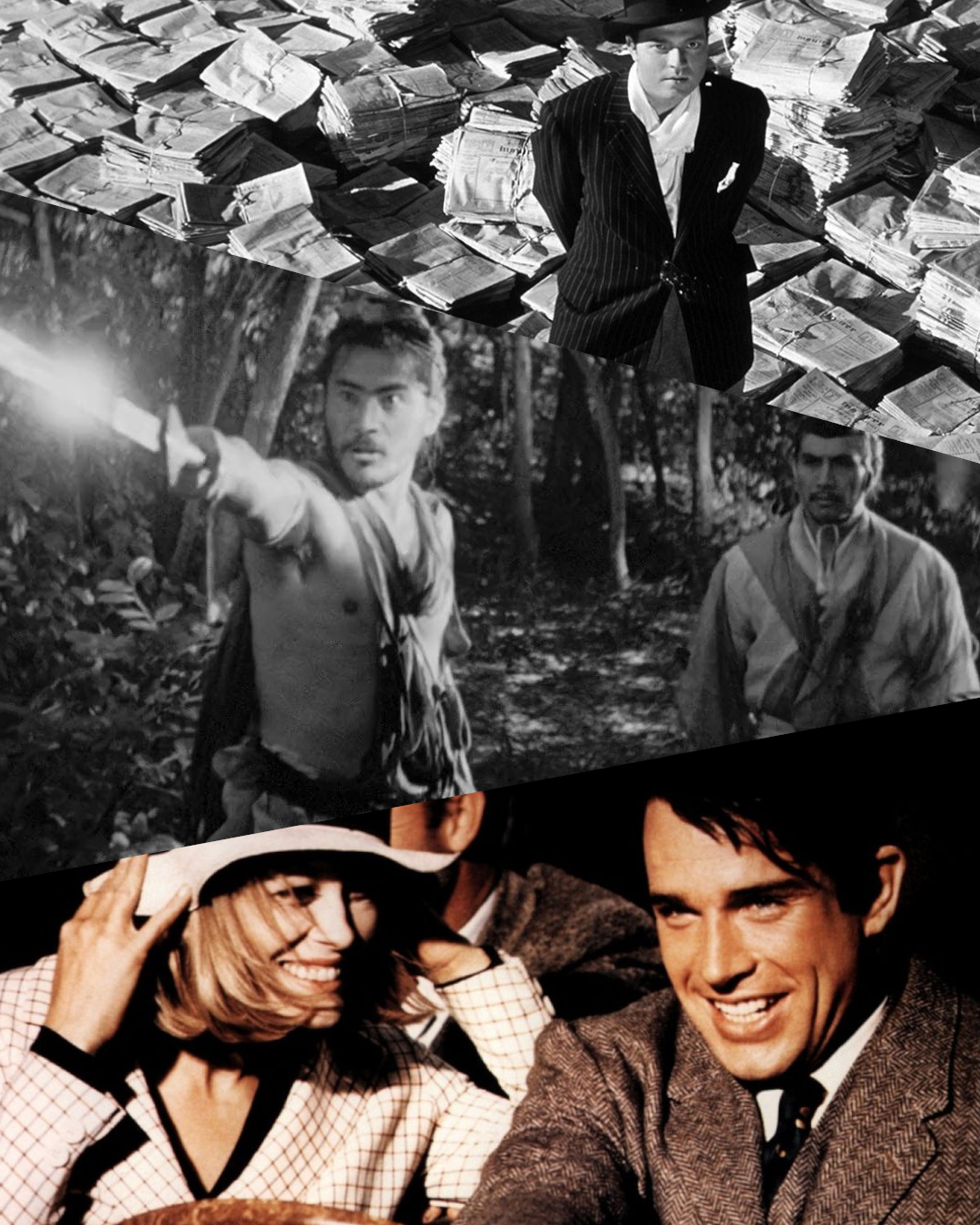 A collage of images. A black and white image from the Film Citizen Kane, in which a man in a suit is standing on top of a sea of newspapers. A black and white image from Roshomon, showing two samurai in a forest. The third is a colour image from Bonnie and Clyde featuring the two main characters smiling and driving in their car.