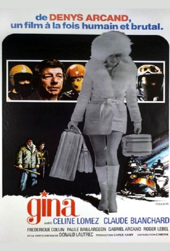 Poster for the film Gina. A woman in 70s attire walks with bags in her hands.