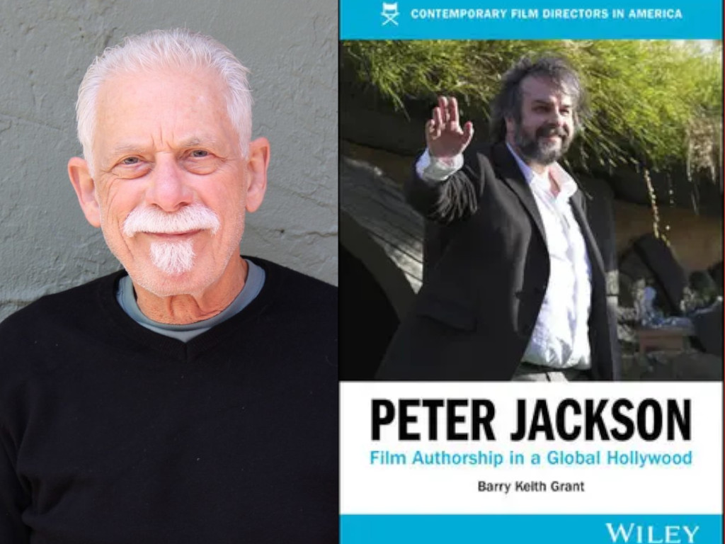 A photo of a man next to the cover image of his book that features a photo of director Peter Jackson
