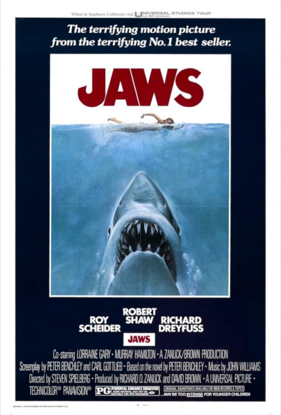 Poster for the film Jaws. A giant shark swims up towards a swimmer.