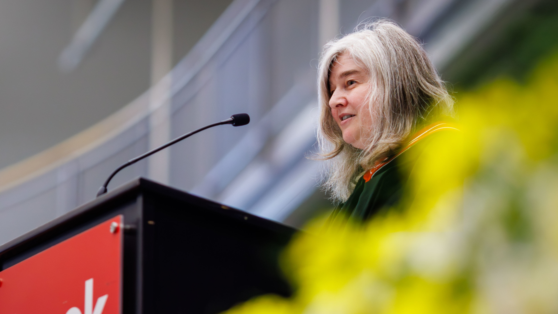 A professor in a convocation gown stands behind a podium speaking 