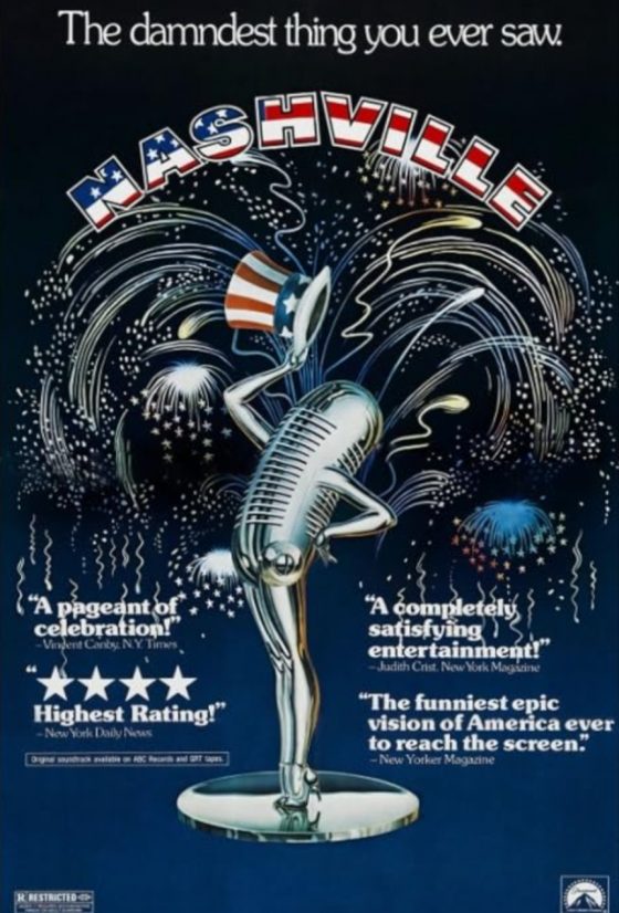 poster for the film Nashville. An anthropomorphic microphone hold a top hat and cane with fireworks behind it.