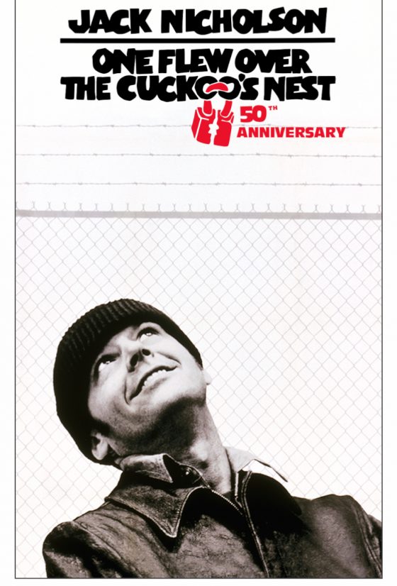 Poster for the film One Flew Over the Cuckoo's Nest. A photo of actor Jack Nicholson looking up.