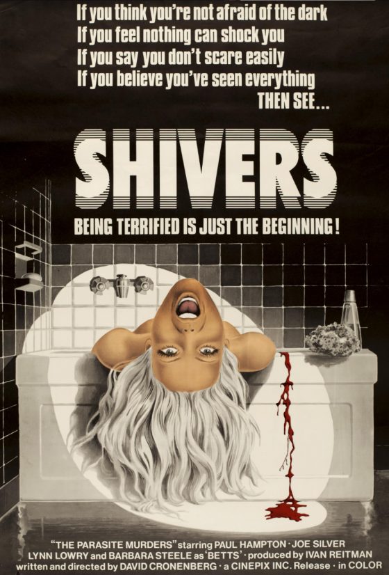 poster for the film Shivers. A woman lies iover the edge of a tub screaming with blood running over the side.