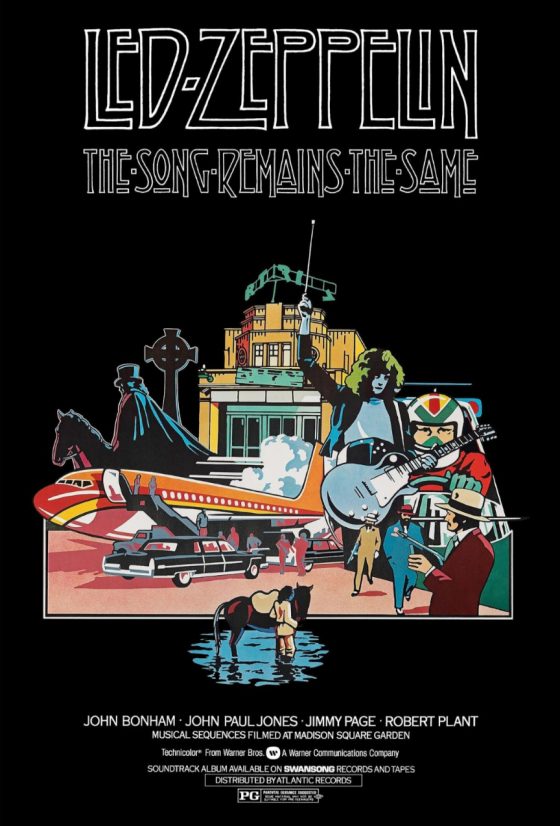 poster for the film the Song Remains the Same. Features graphical illustrations of the members of Led Zeppelin