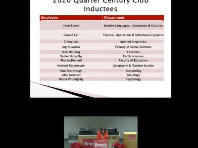 Slide showing names of individuals who have served 25 years at Brock