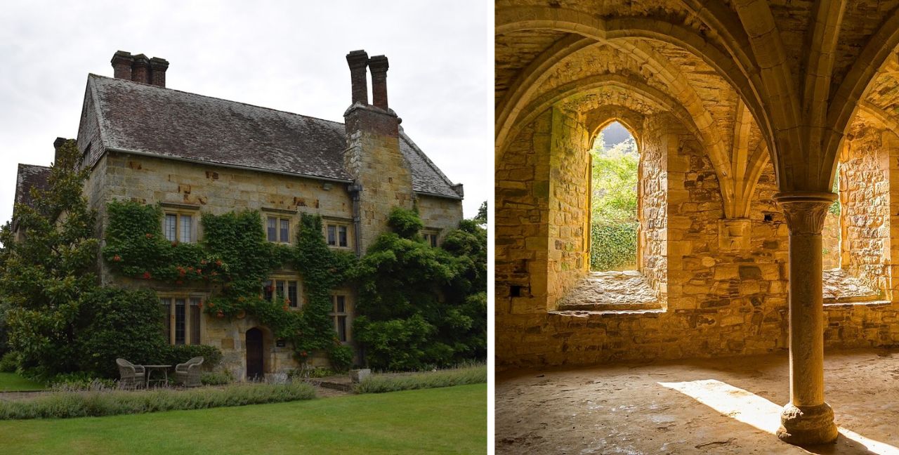 East Sussex A stone cottage in the countryside and the interior of a stone building with open windows.
