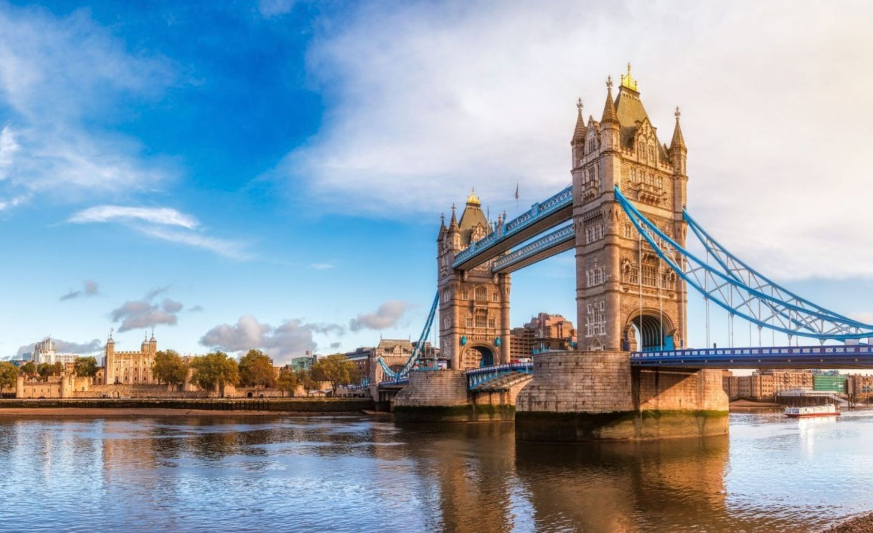 Panoramic London skyline with Tower Bridge and the Tower of London as viewed from South Bank of the River Thames in the morning light. 