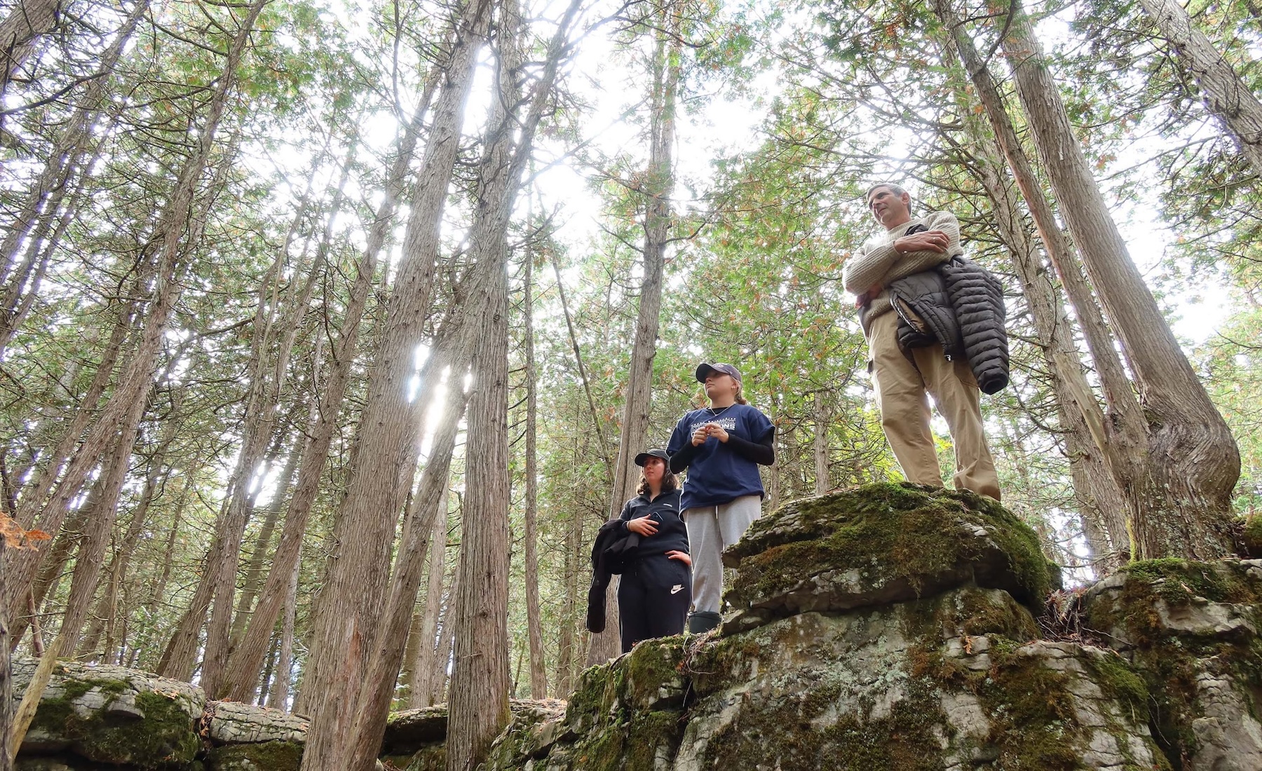Associate Professor David Goldblum and two students stand atop mossy rocks in a forest, surrounded by tall trees with the sun shining between the branches at the Warsaw Caves Conservation Area. 