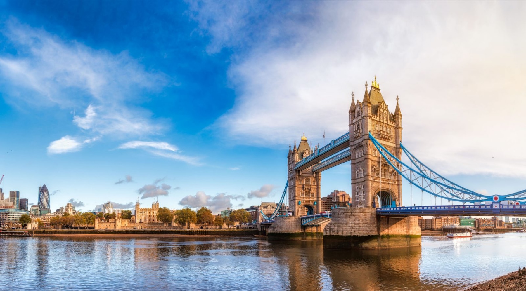 Panoramic London skyline with Tower Bridge and the Tower of London as viewed from South Bank of the River Thames in the morning light. 