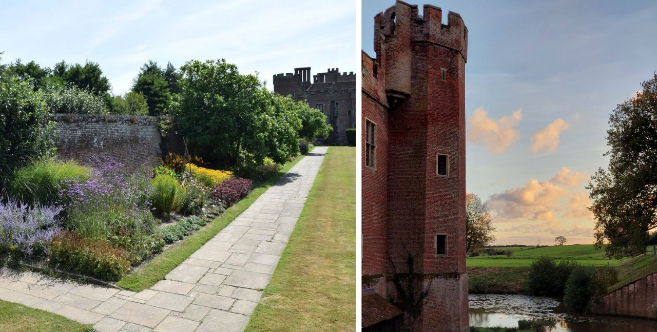 Herstmonceux Castle A lush garden with a castle in the distance and a sunset.