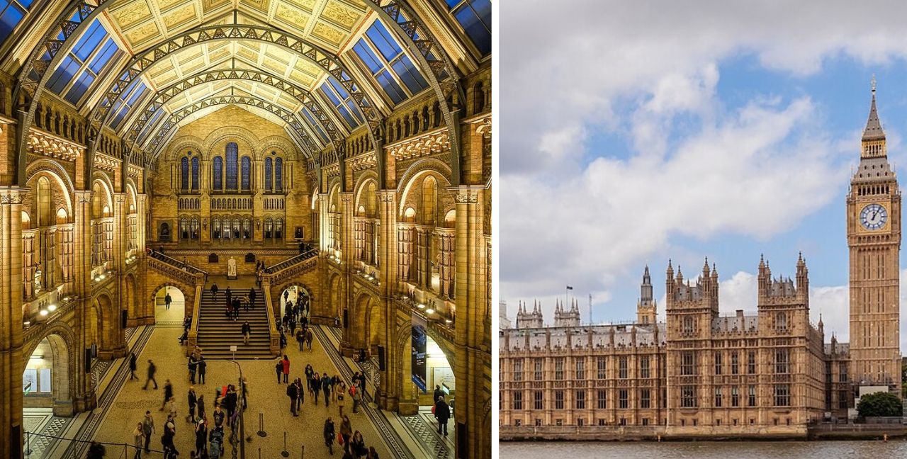 London Natural History Museum interior and the Big Ben clock in London, England.