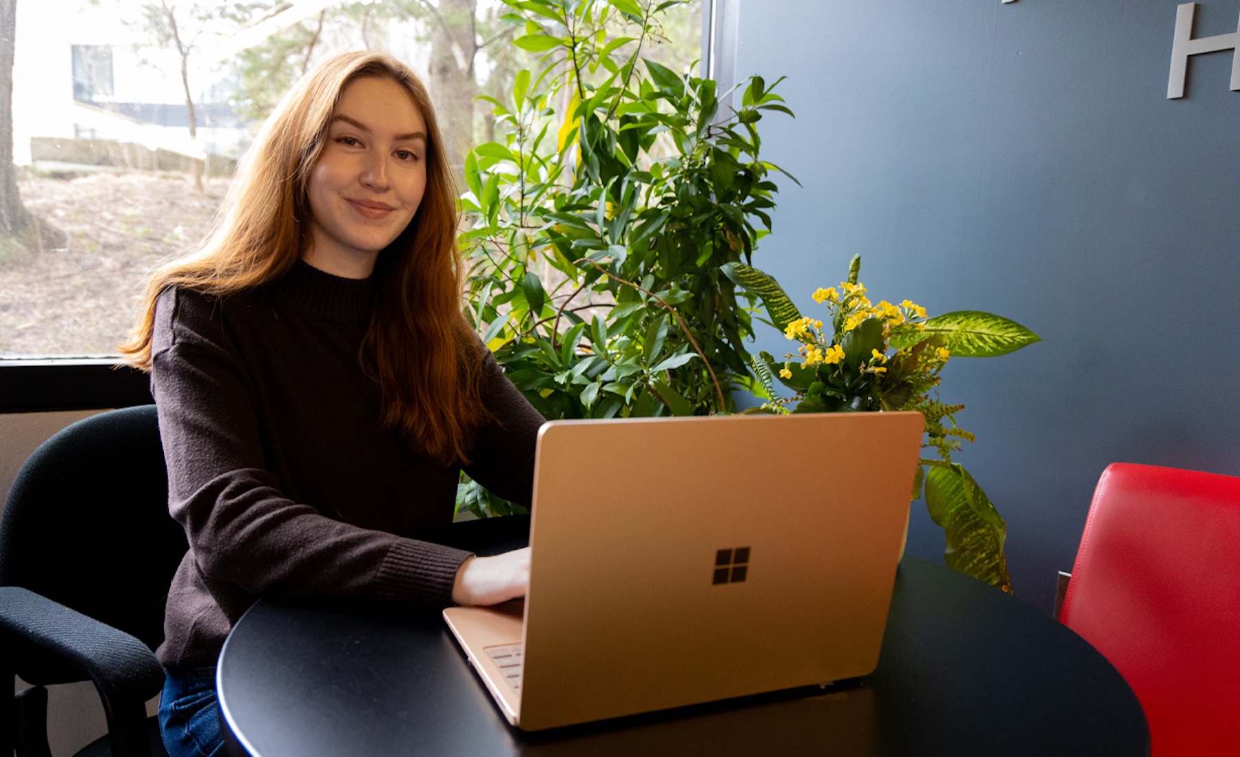 A young woman works on a laptop in front of a window. 