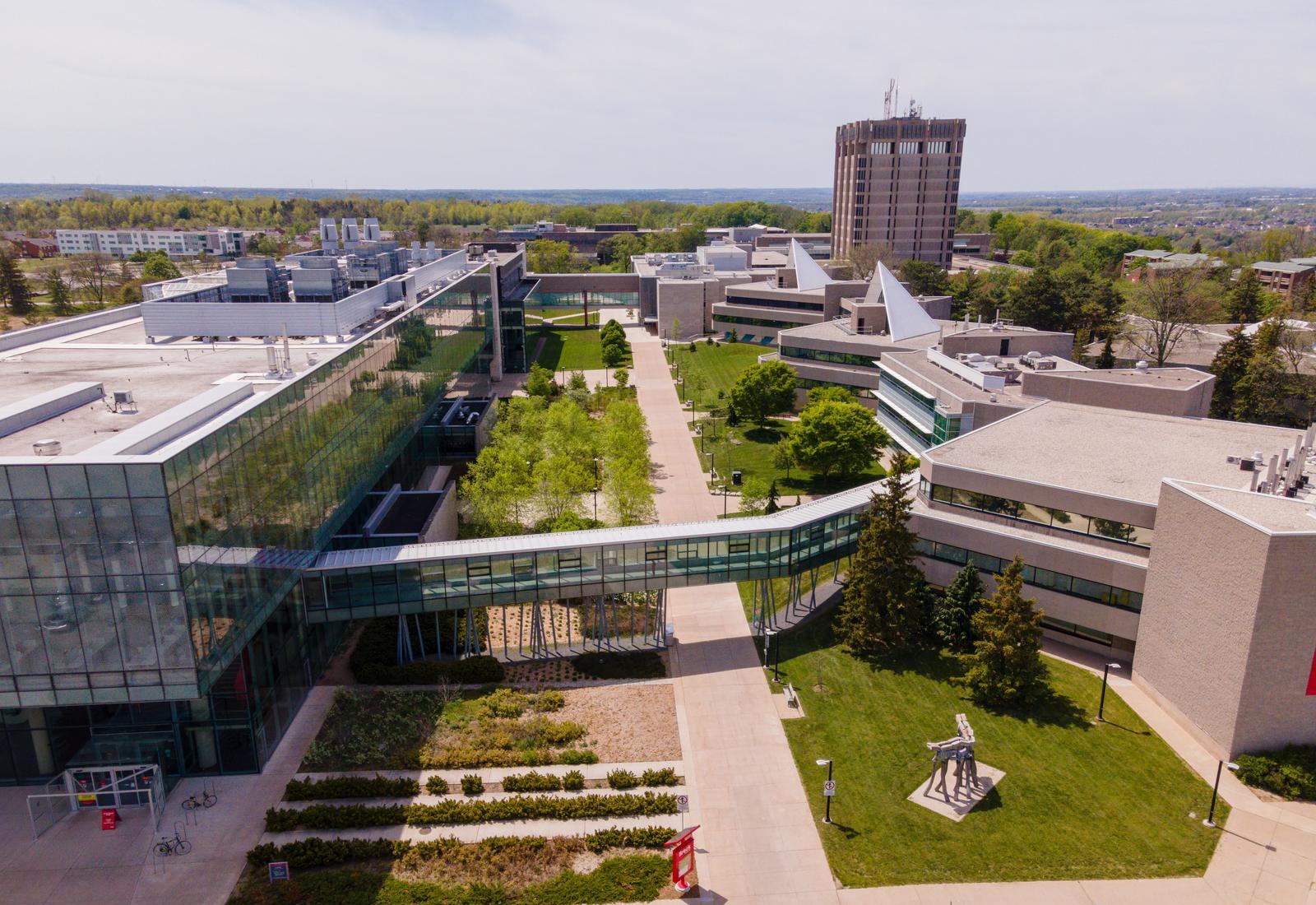 Aerial view of Cairns on Brock University's main campus. 