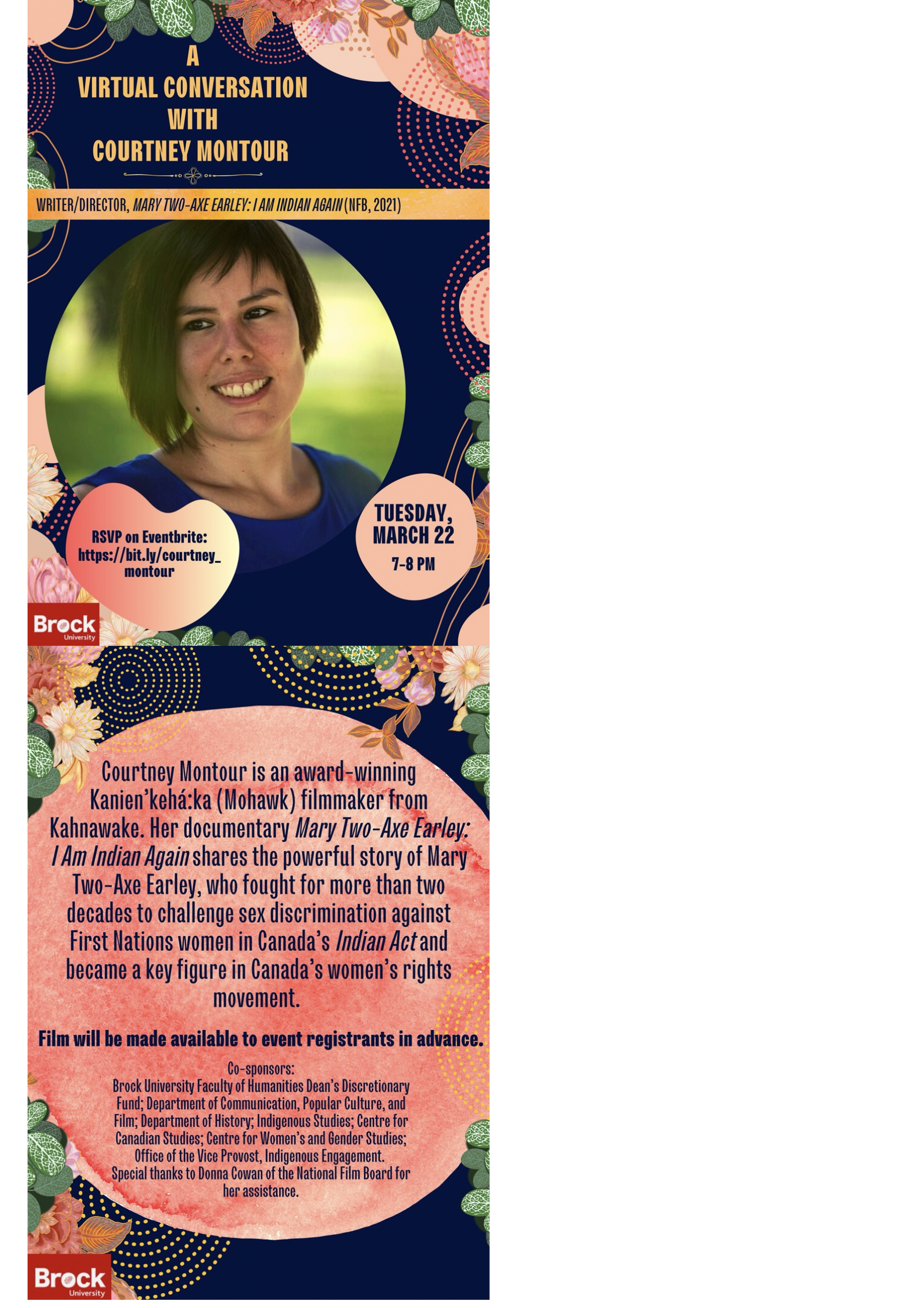 Poster for a Virtual Conversation with Courtney Montour on March 22, 2022