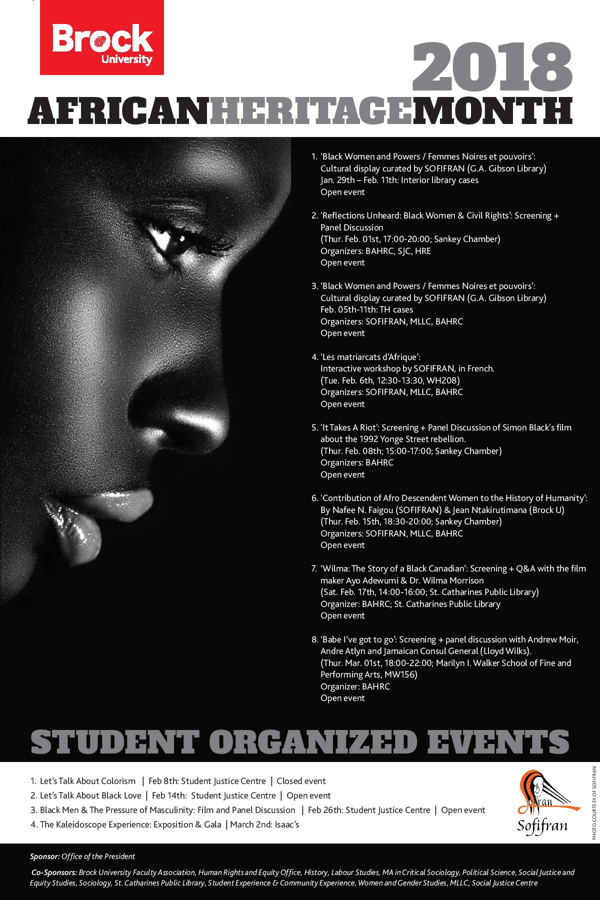 Poster for African heritage month student organized events from January 29 to March 1, 2018