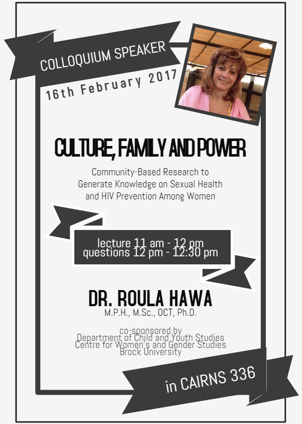Poster for "Culture, Family, and Power: Community-Based Reserach to Generate Knowledge on Sexual Health and HIV Presention Among Women" with Dr. Roula Hawa on February 16, 2017
