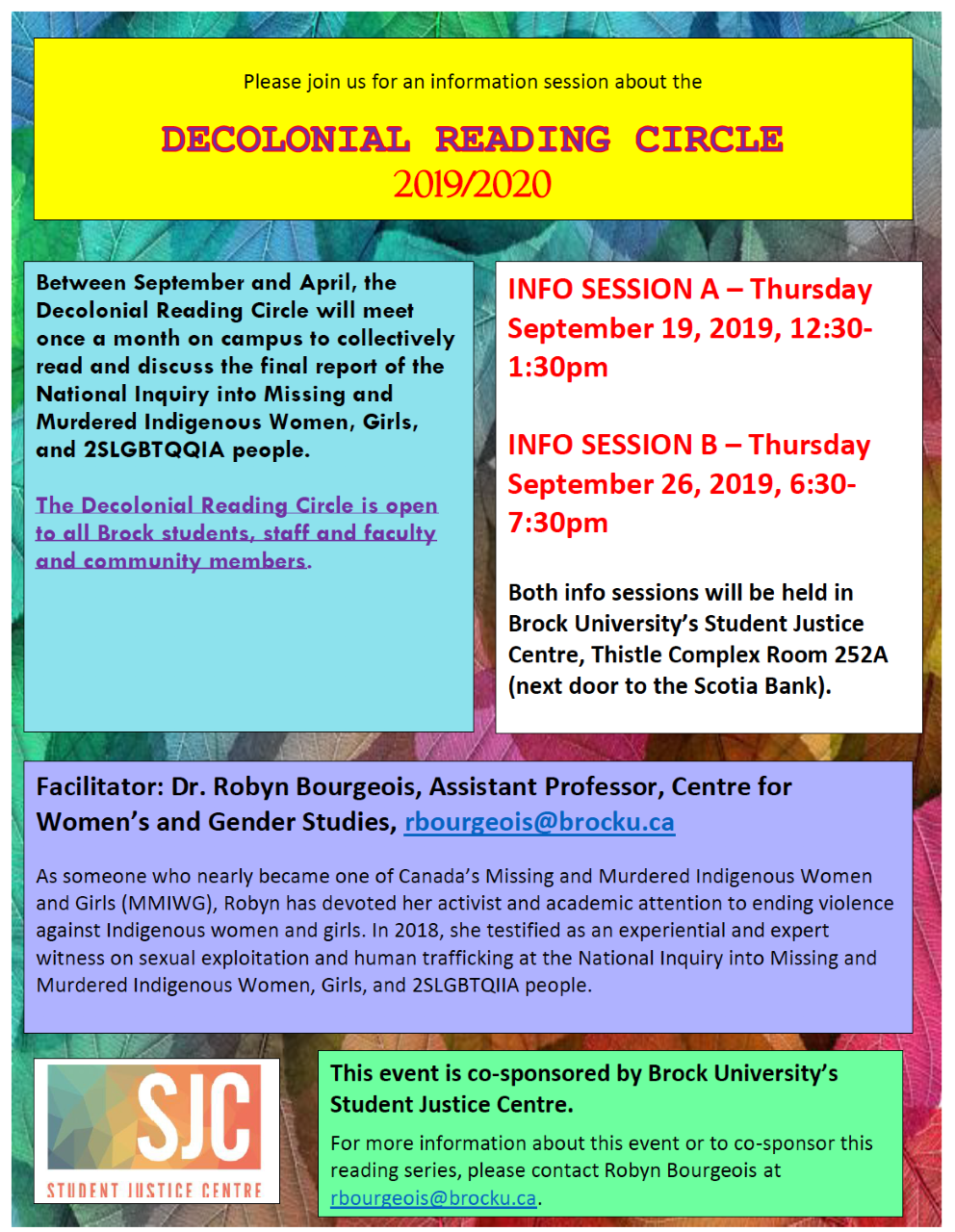 Poster for Decolonial Reading Cirlce Info Sessions on September 19 and 26, 2019