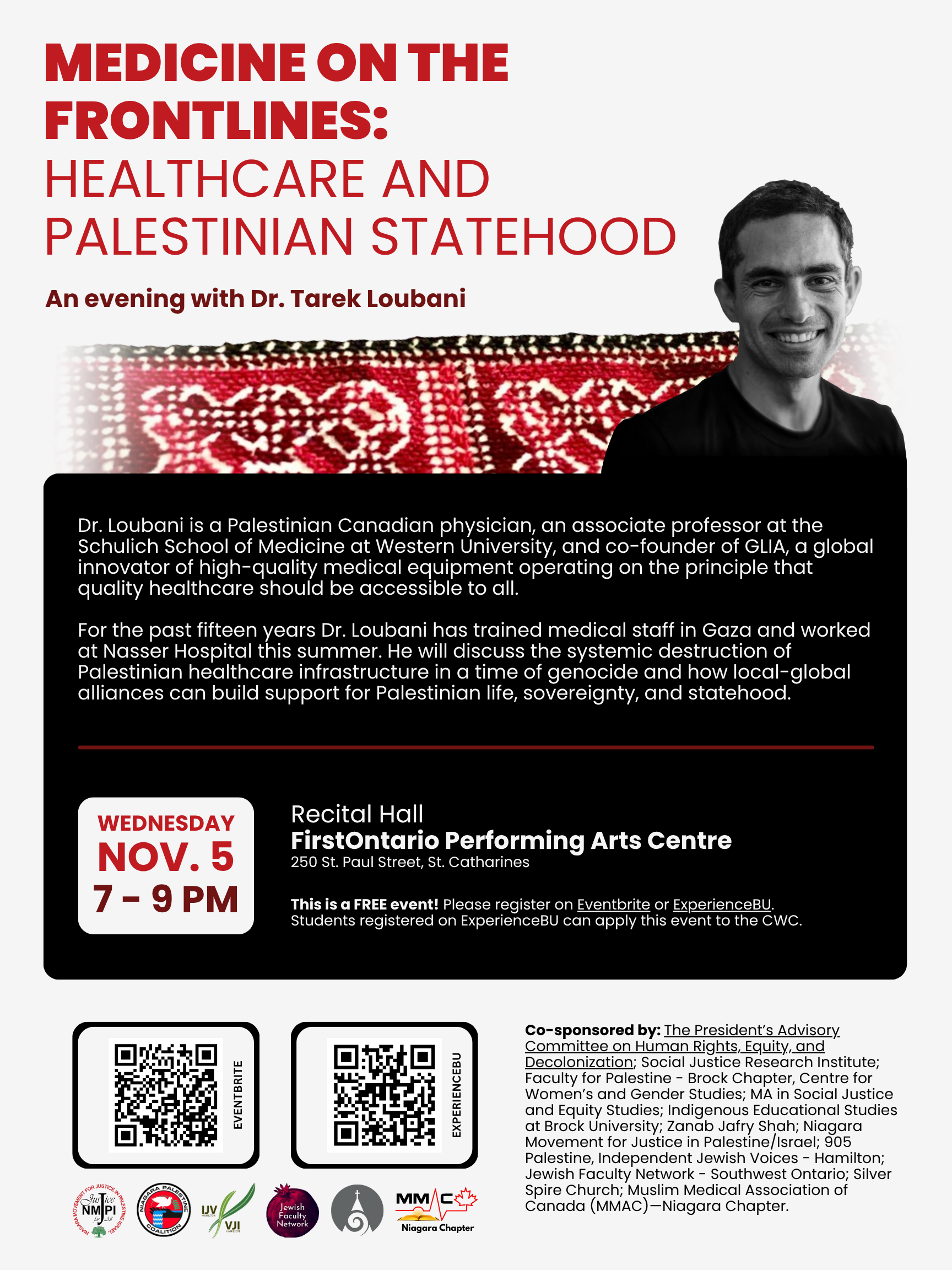 Poster for Medicine on the Frontlines with Dr. Tarek Loubani on November 5, 2025