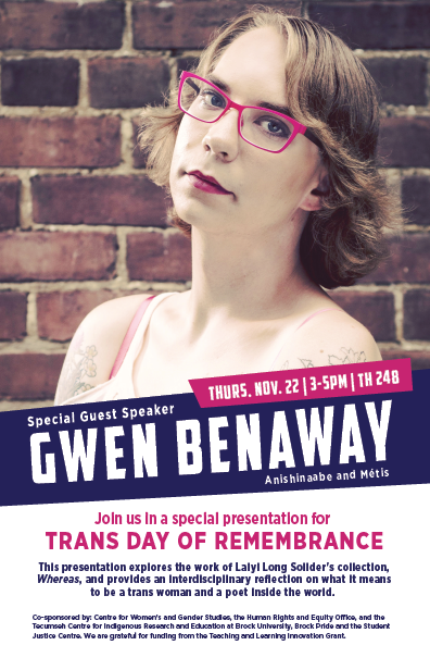 Poster for event Trans Day of Remembrance with Gwen Benaway on November 22, 2018