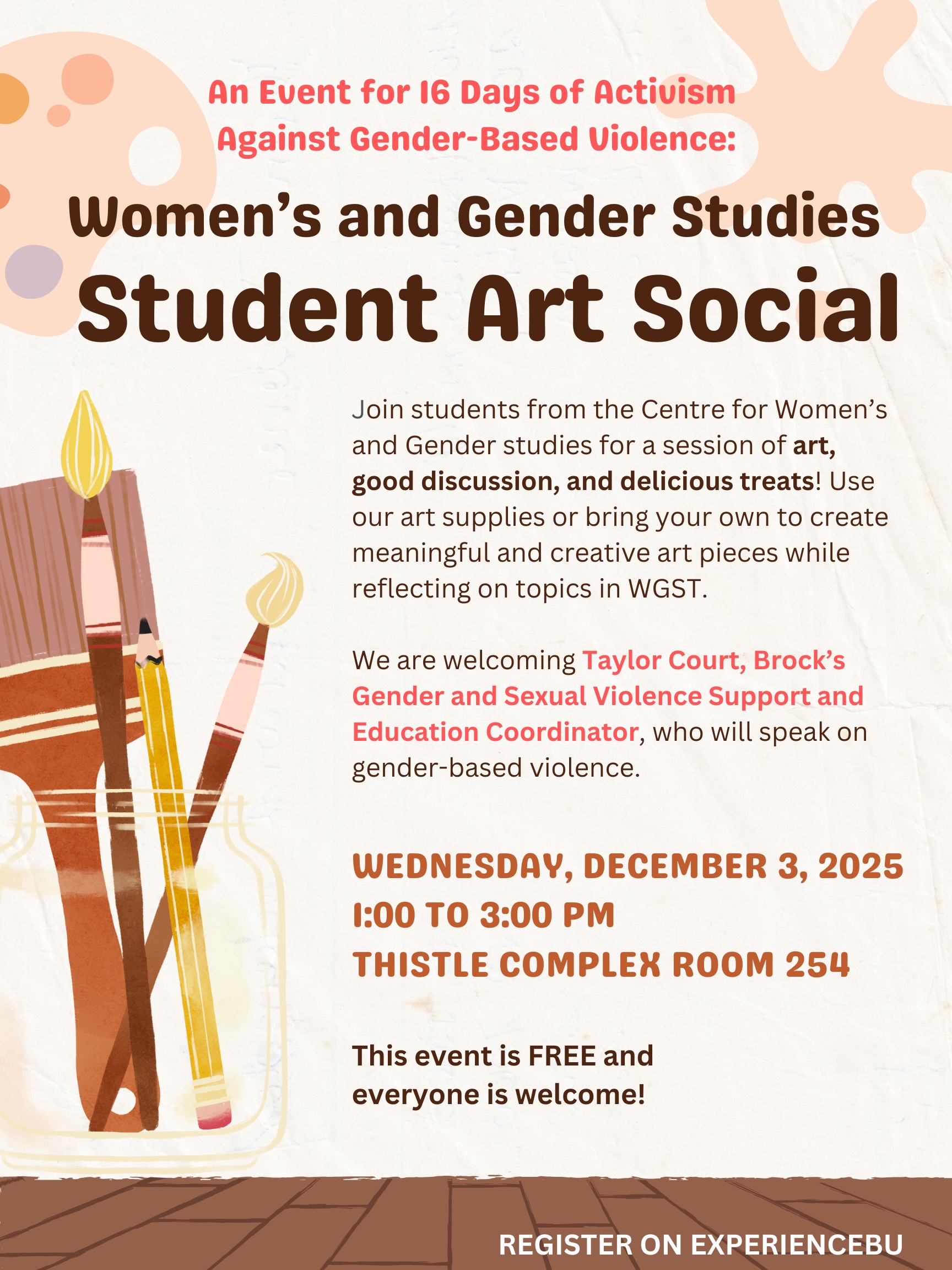 Poster for Women's and Gender Studies Student Art Social (Wednesday, December 3, 2025)