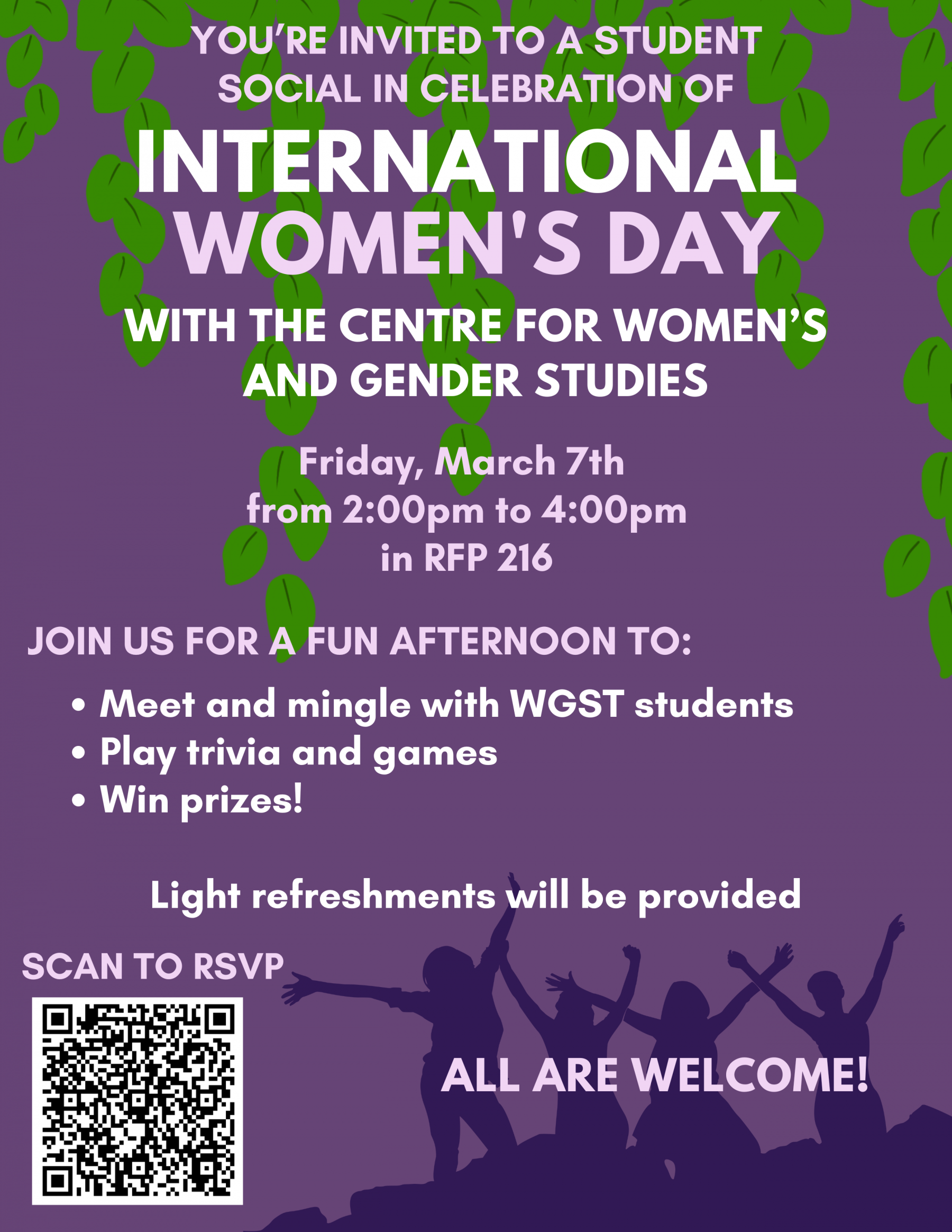 Poster for International Women's Day Student Social with the Centre for Women's and Gender Studies on March 7, 2025