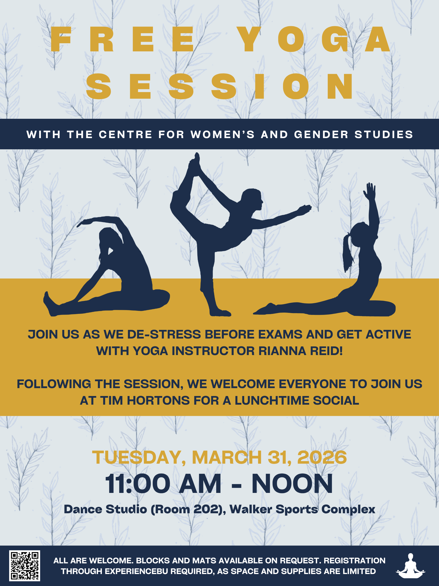 Poster for a free yoga session with the Centre for Women's and Gender Studies on March 31, 2026, from 11 am to noon