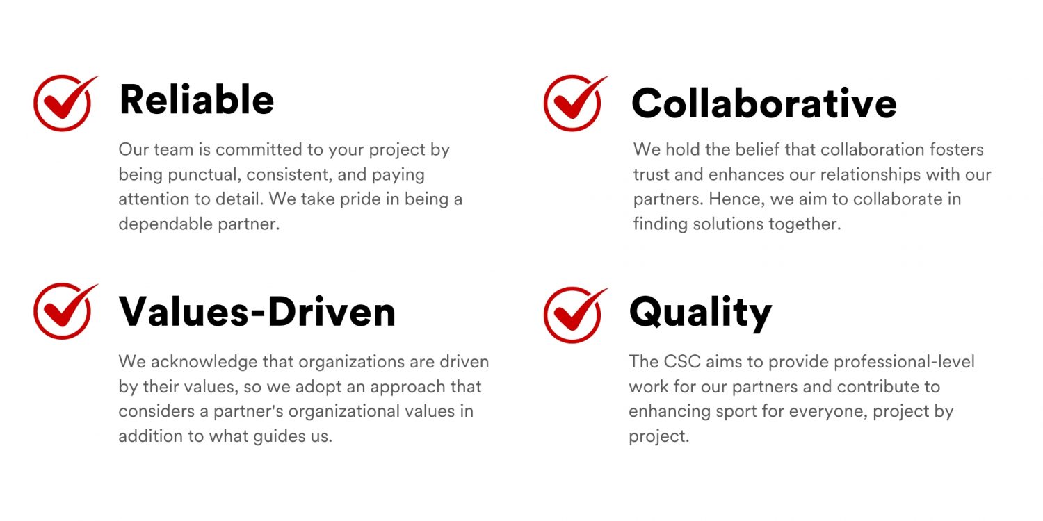 CSC Principles: 1. Reliable: Our team is committed to your project by being punctual, consistent, and paying attention to detail. We take pride in being a dependable partner. 2. Collaborative: We hold the belief that collaboration fosters trust and enhances our relationships with our partners. Hence, we aim to collaborate in finding solutions together. 3. Values-Driven: We acknowledge that organizations are driven by their values, so we adopt an approach that considers a partner's organizational values in addition to what guides us. 4. Quality: The CSC aims to provide professional-level work for our partners and contribute to enhancing sport for everyone, project by project.