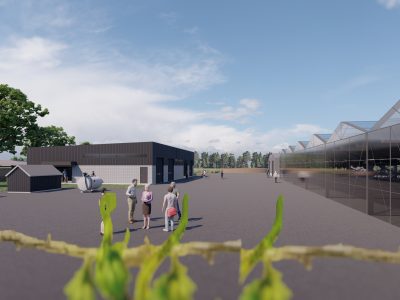 Illustration of the greenhouses, screenhouses and research building
