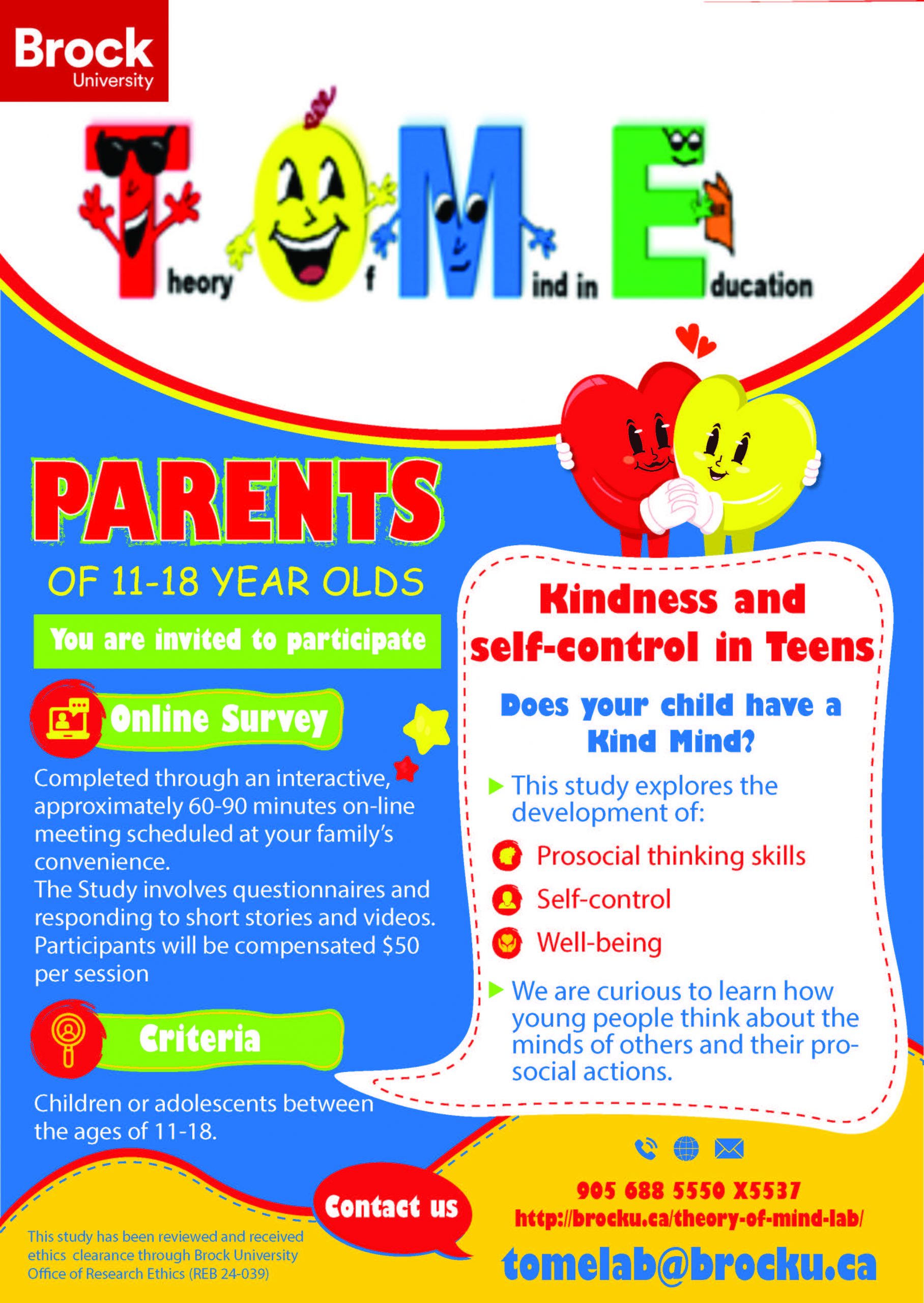 A colourful poster advertises for the Kindess and self-control online study.