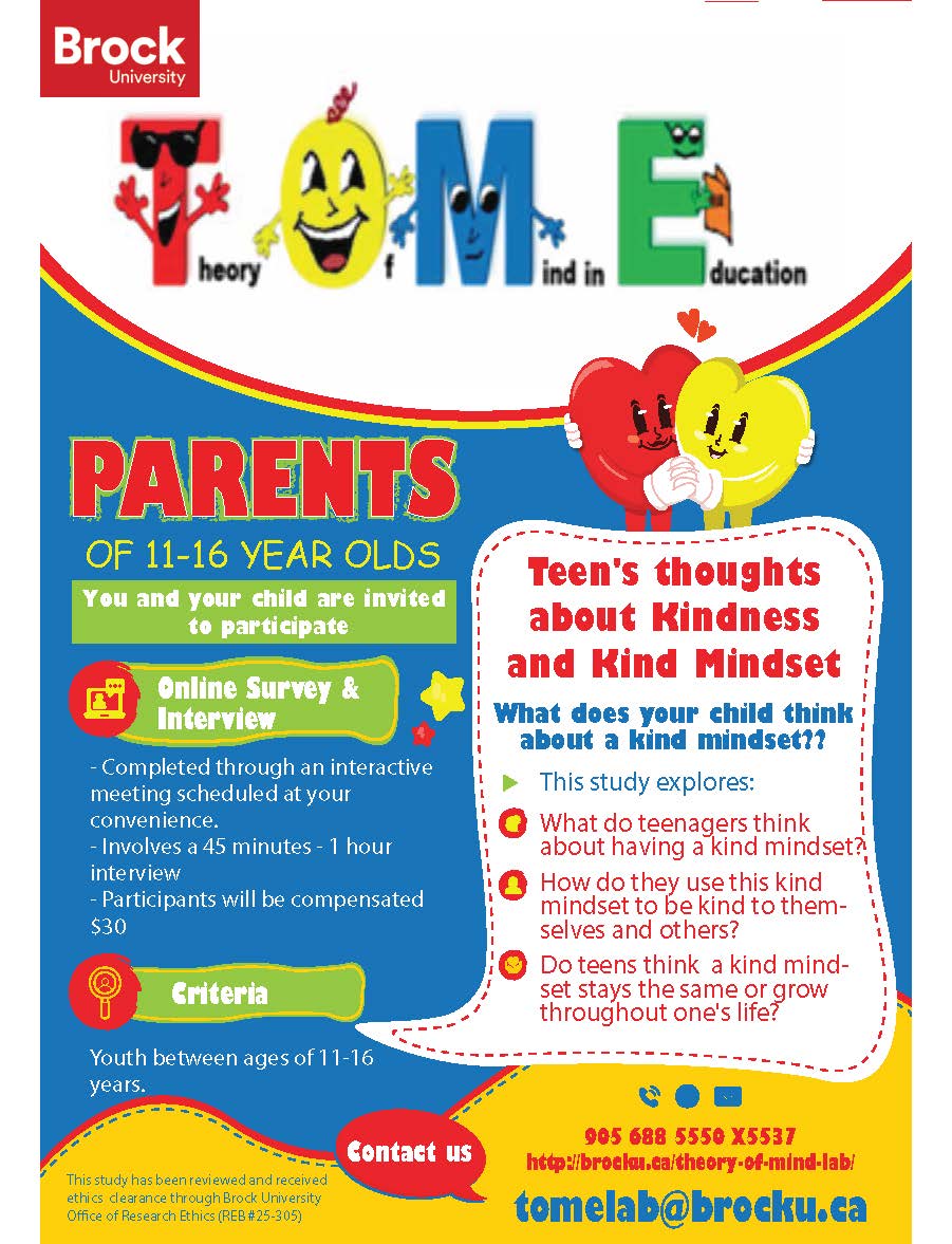A colourful poster with illustrations displays information for the Adolescents’ Perceptions of Kindness and Kind Mindset Study.