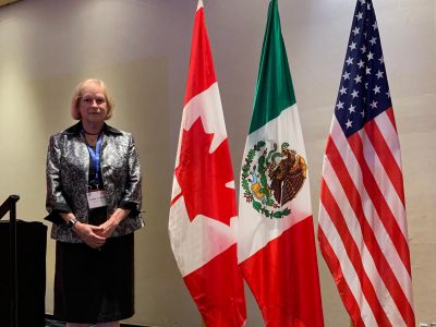 Woman stands on a stage with three flags to her right.