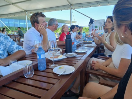 group of people sit at a long, outdoor table and talk.