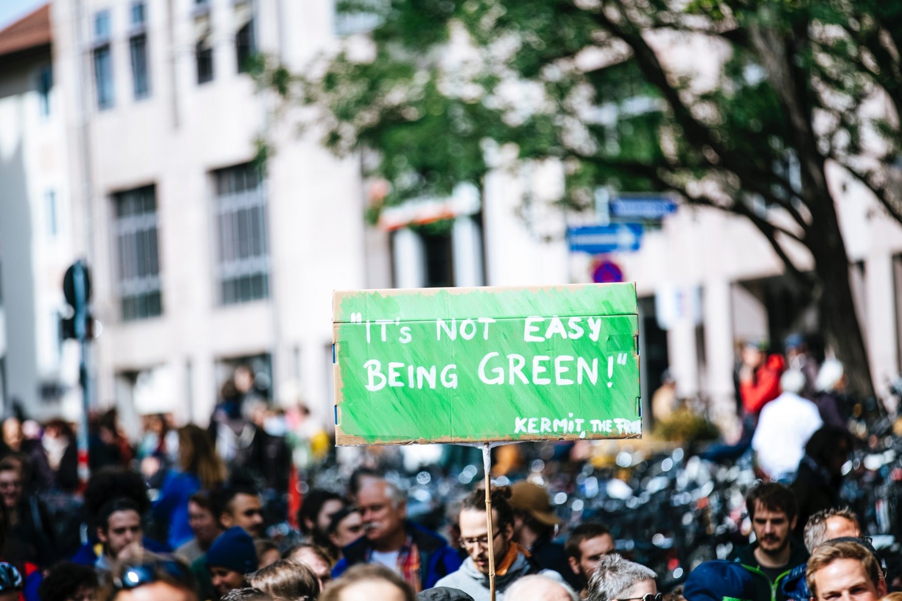 group of protesters holding a sign that says its not easy being gree