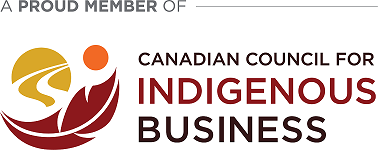 A banner with the text "A proud member of Canadian Council for Indigenous Business" and a logo representing a red feather, an orange sun and a yellow path.